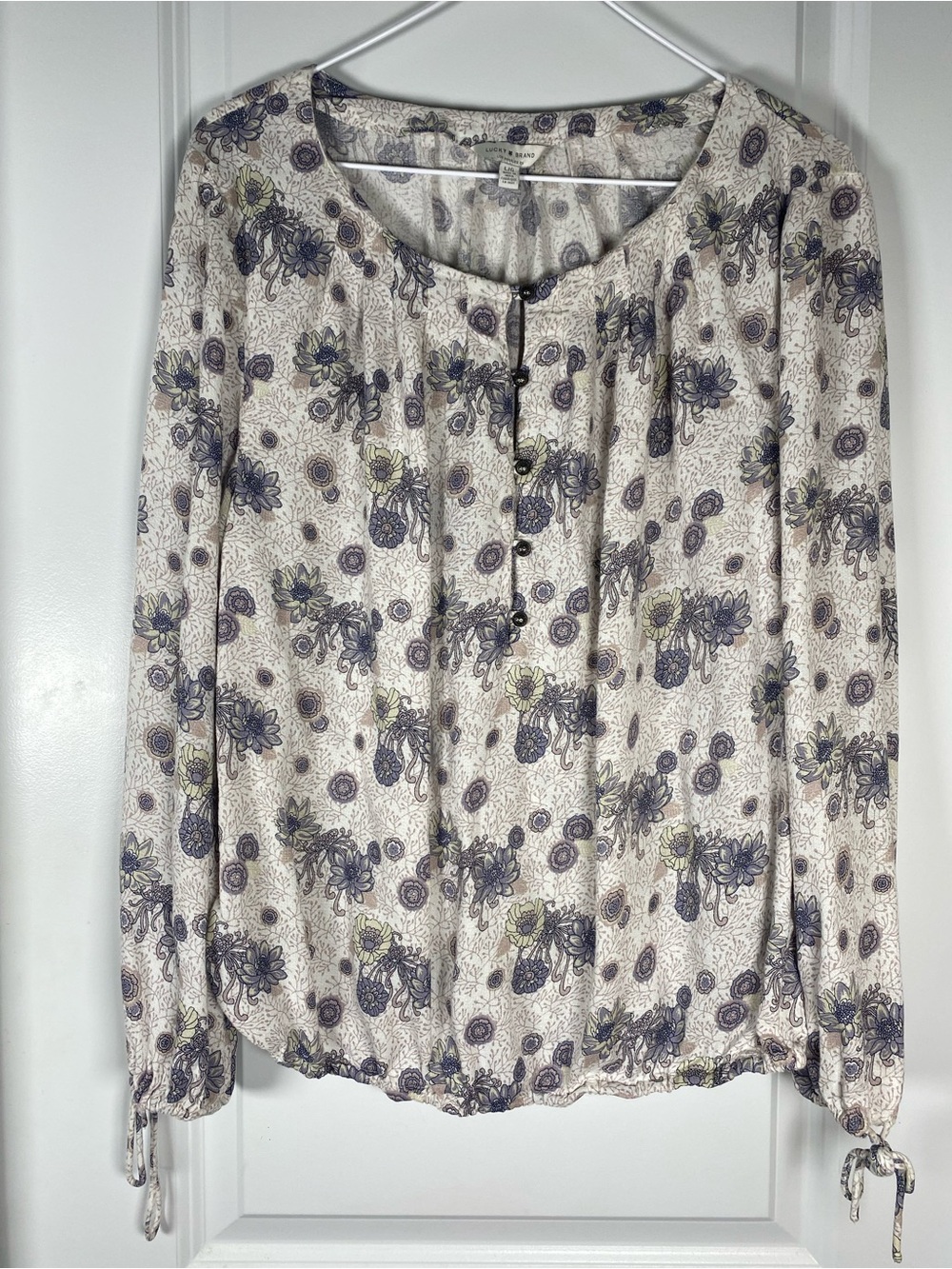 Lucky Brand Boho Floral Long Sleeve Peasant Blouse Cream Gray